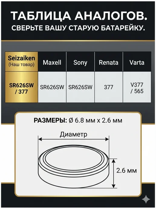 Seizaiken Батарейка часовая SR626SW 377, 1.55V 5шт, 5 шт, фото 4