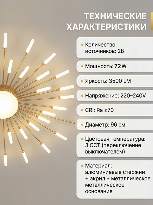 JACKSUN Люстра светодиодная в форме солнца, 28 LED, для гостиной, белый, фото 4