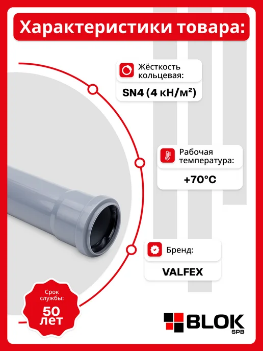 VALFEX Труба канализационная 110х500х2,7мм Серая 4шт упак, 110x500x2.7 мм, 4 шт, фото 2