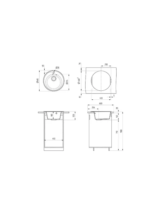 НОНТОН Мойка ULGRAN Quartz Nora 485-07 кварц D-48.5см Черный уголь, черный, фото 2
