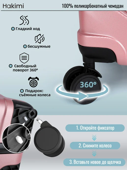 Hakimi Чемодан M с бьюти-кейс поликарбонат набор 2в1 с 360° колесах, розовый, фото 4