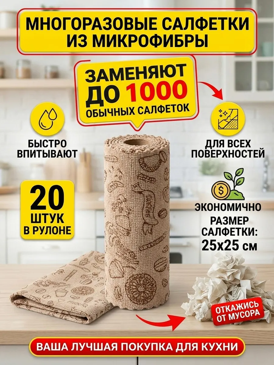 Салфетки для уборки в рулоне многоразовые из микрофибры