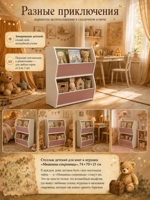 sitstep Стеллаж для игрушек в детскую Мишкины сокровища бело-розовый, розовый, фото 4